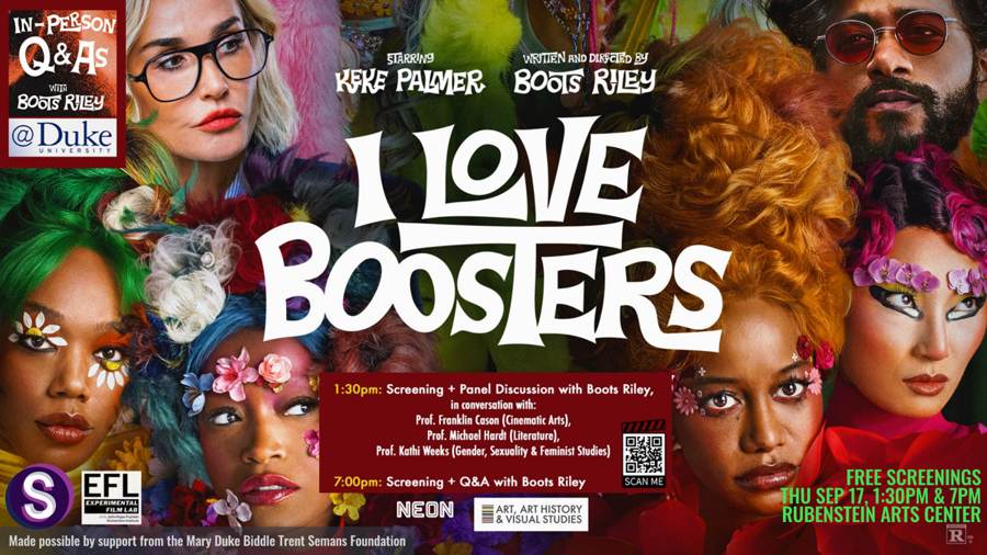 I LOVE BOOSTERS screening flyer: free screenings Thu Sep 17, 1:30 PM and 7 PM, Rubenstein Arts Center, with in-person Q&As with Boots Riley